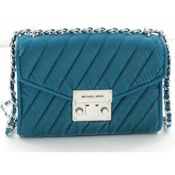 Michael Kors Rose Quilted Small Velvet Shoulder Flap Crossbody Bag Lagoon $448